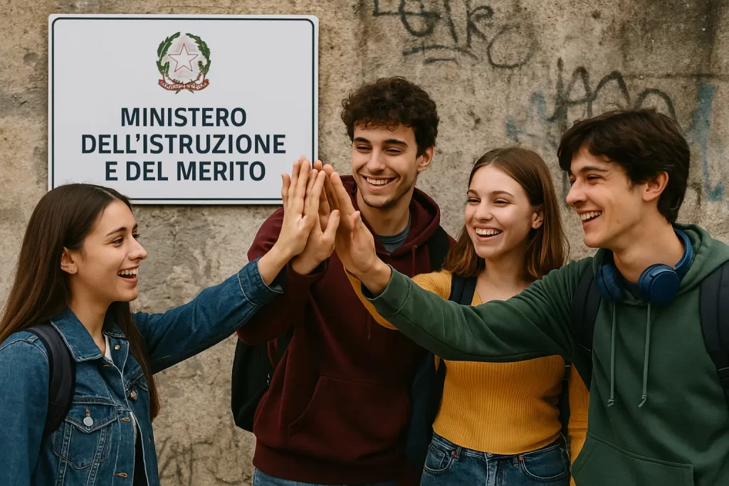 alcuni giovani "battono il cinque" davanti ad un'insegna del Ministero dell'Istruzione e del Merito