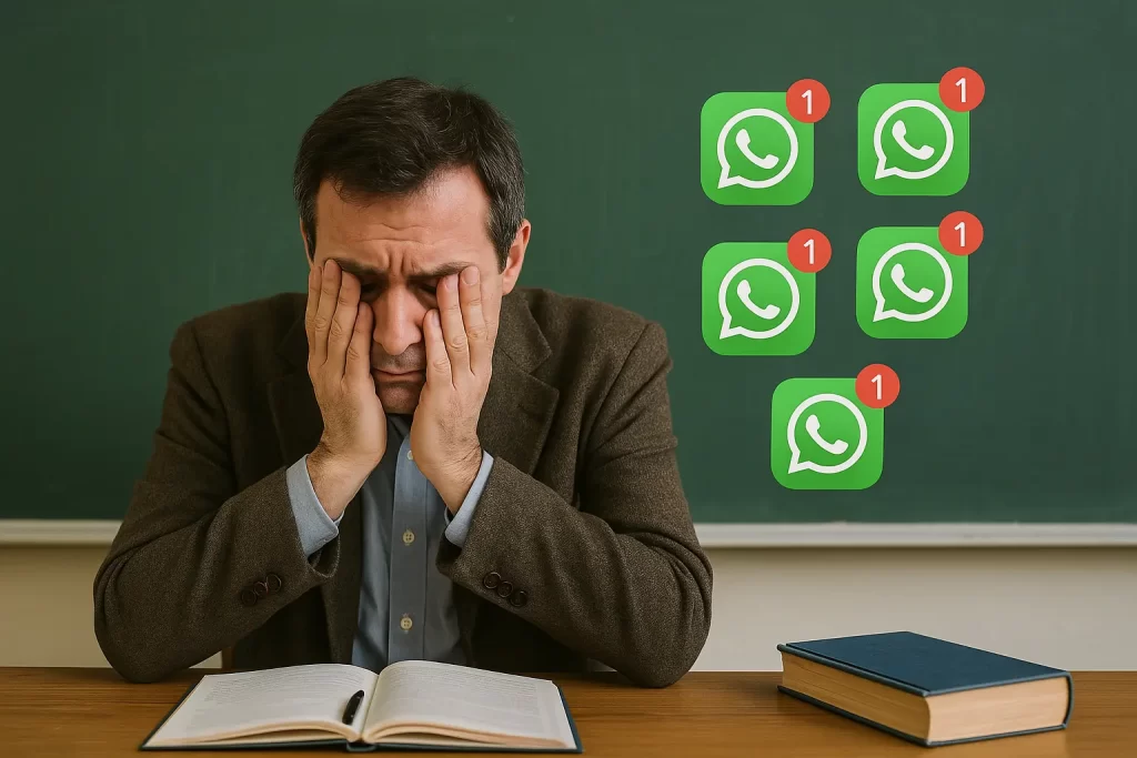 docente si tiene la testa tra le mani seduto in cattedra,  con vicino le notifiche di Whatsapp