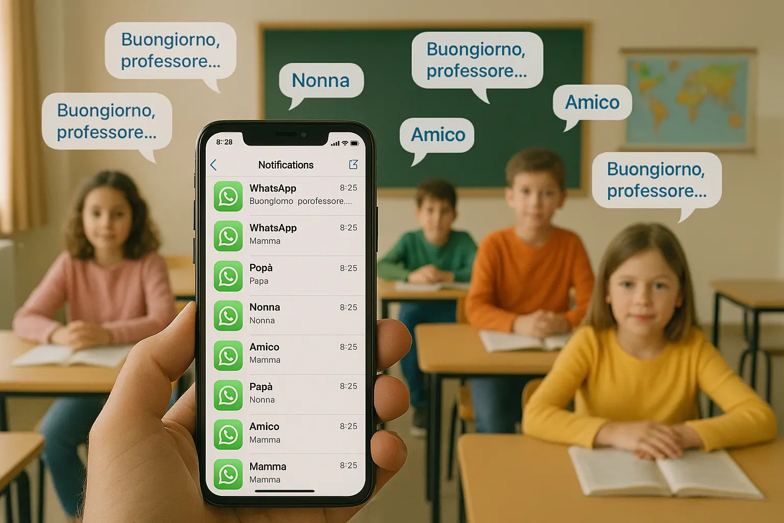 docente fissa le notifiche sullo schermo del telefono, mentre sulle teste degli alunni compaiono le novolette delle chat
