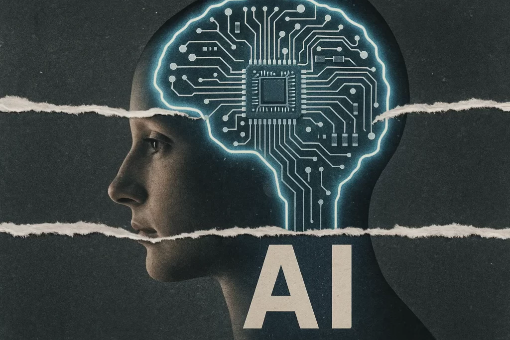 circuiti elettrici in una testa al posto del cervello e la scritta AI