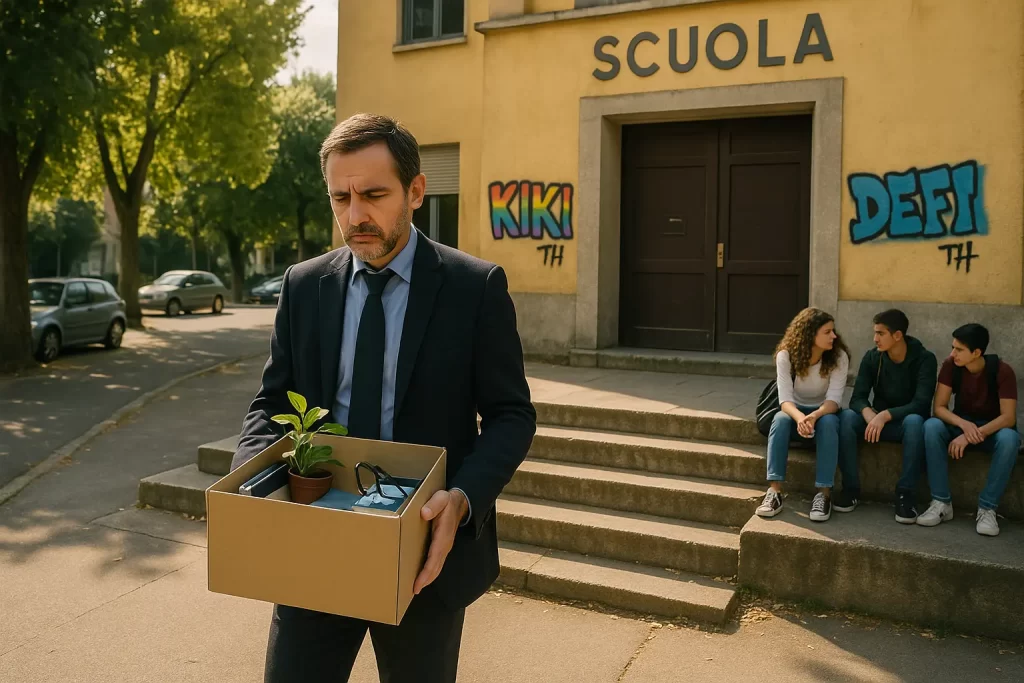 Un docente con uno scatolo pieno di effetti personali lascia la scuola deluso e amareggiato.