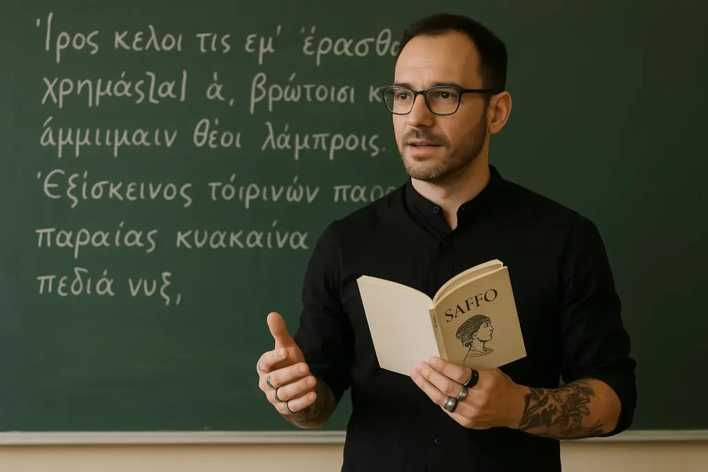 Un docente con un libro di Saffo in mano durante una lezione e dei versi greci alla lavagna 
