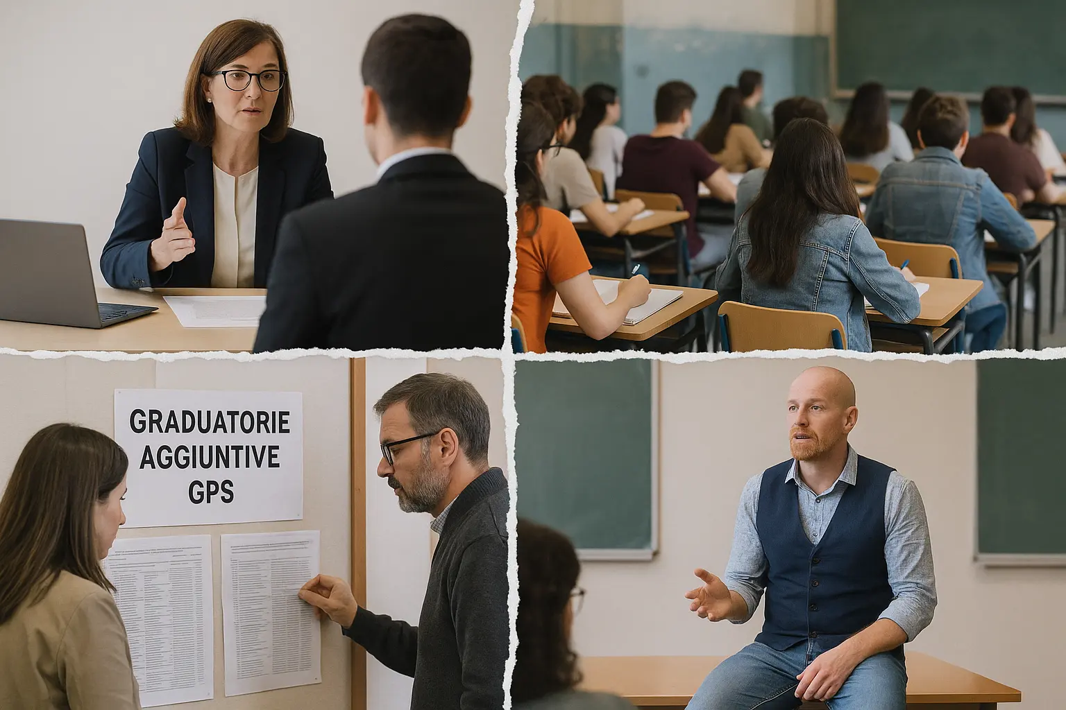 Foto divisa in 4, con docentI: durante il concorso a cattedra, durante i percorsi abilitanti, davanti alla bacheca delle Greaduatorie e durante una lezione