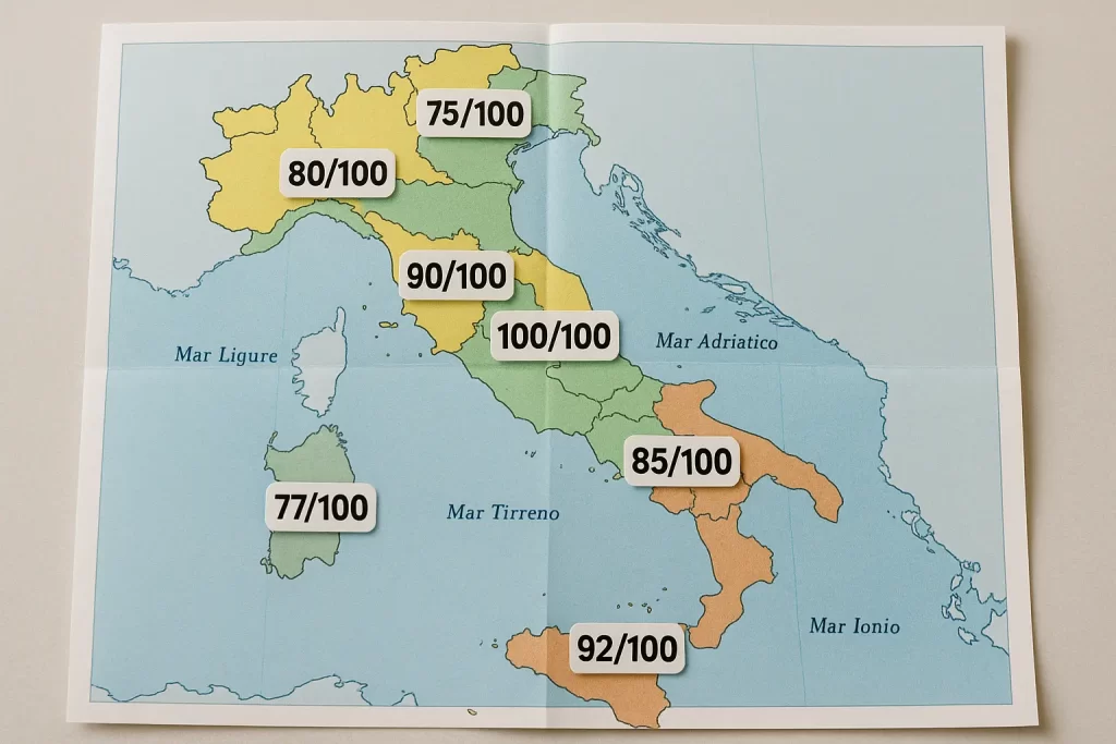 cartina dell'Italia con l'indicazione di alcuni punteggi minimi per accedere alla prova orale