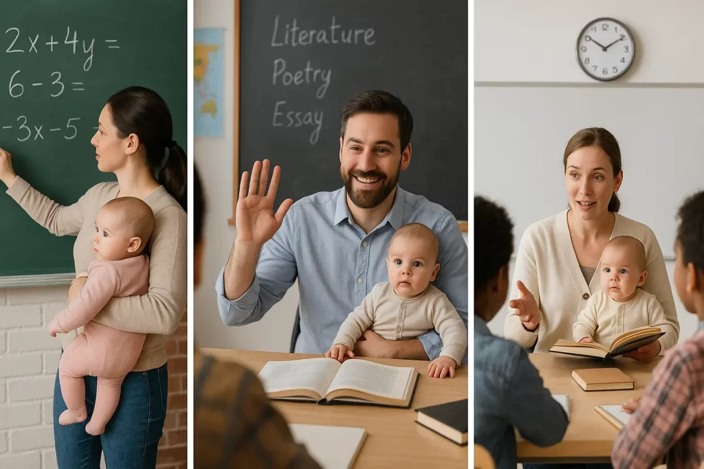 foto divisa in tre parti con genitori in congedo parentale