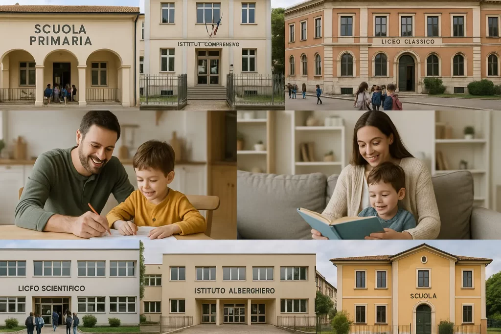 foto divisa in 8 parti, con genitori in congedo parentale e varie scuole