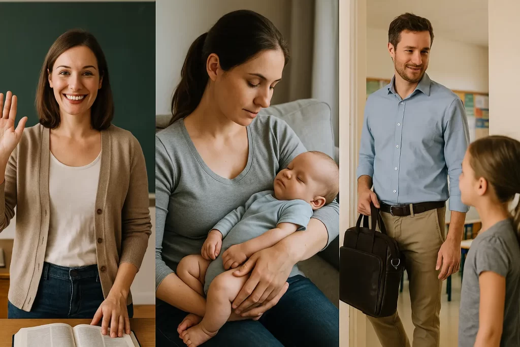 foto divisa in tre parti con genitori in congedo parentale