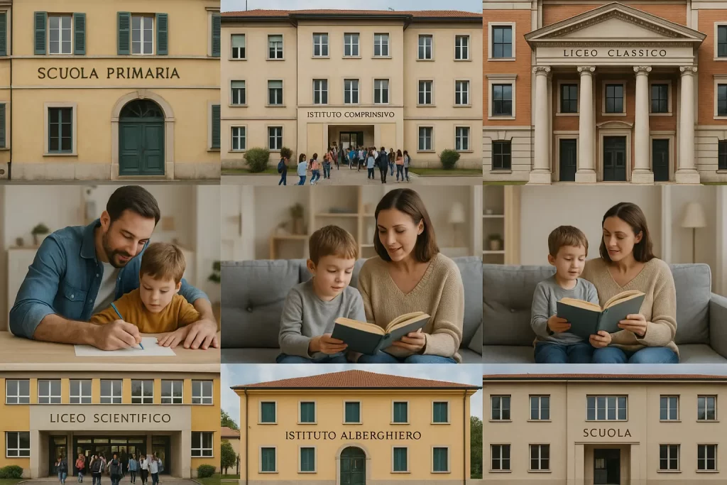 foto divisa in 10 parti, con genitori in congedo parentale e varie scuole