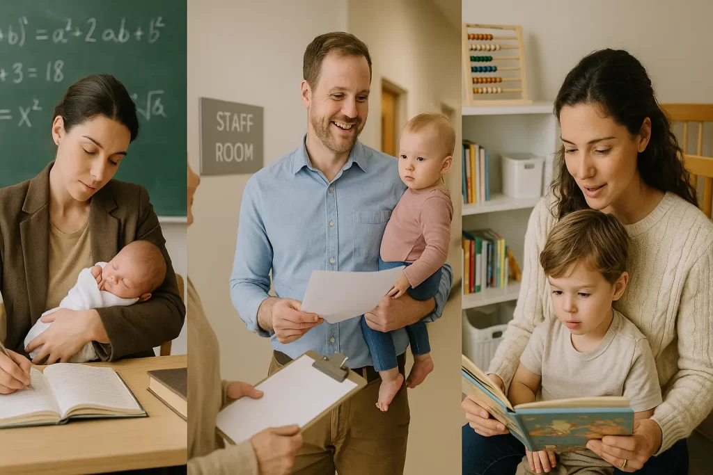 foto divisa in tre parti con genitori in congedo parentale