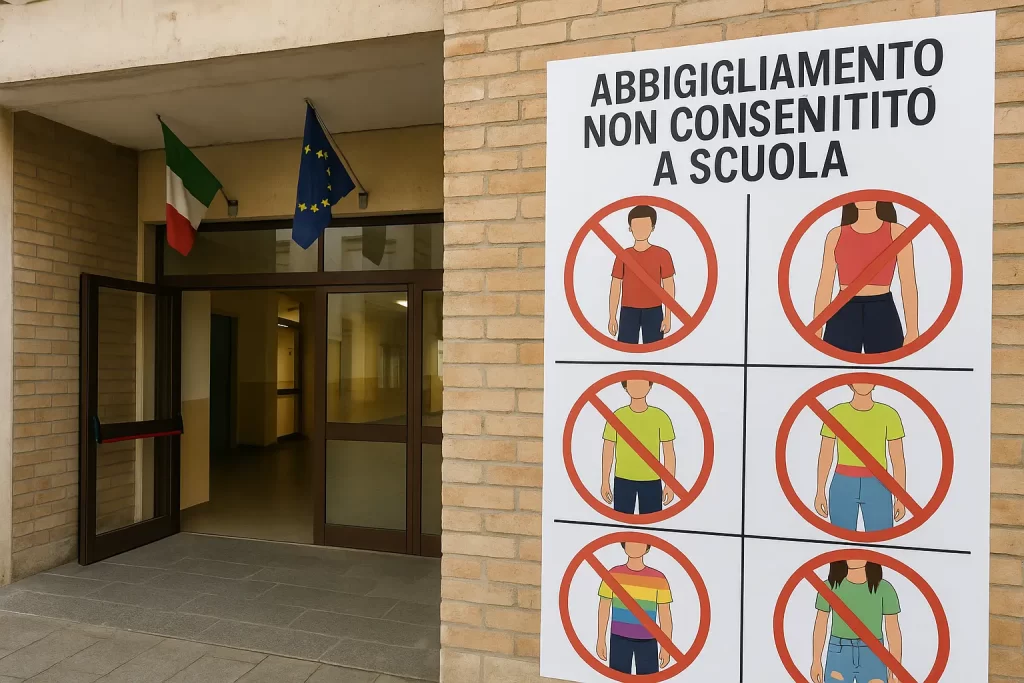 segnali di divieto all'ingresso di una scuola che indicano quali abbigliamenti non sono consentiti