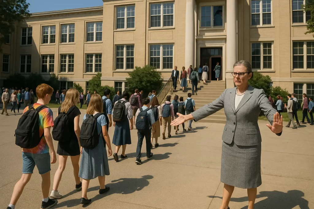 Dirigente scolastica in cortile controlla l'abbigliamento degli studenti prima dell'ingresso