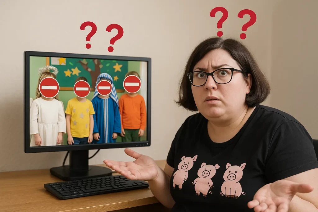 una mamma davanti al pc mentre carica delle foto di una recita scolastica sui social, con i volti dei bambini nascosti da un divieto di accesso. E punti interrogativi in evidenza.