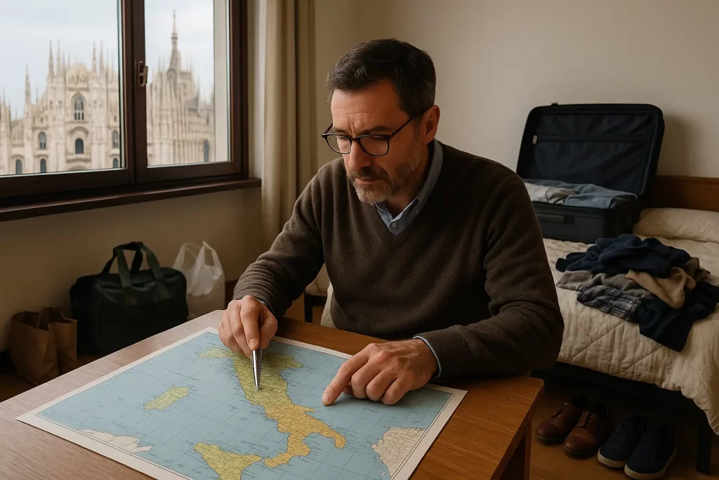 docente cerca una nuova destinazione sulla cartina con la valigia già pronta per partire