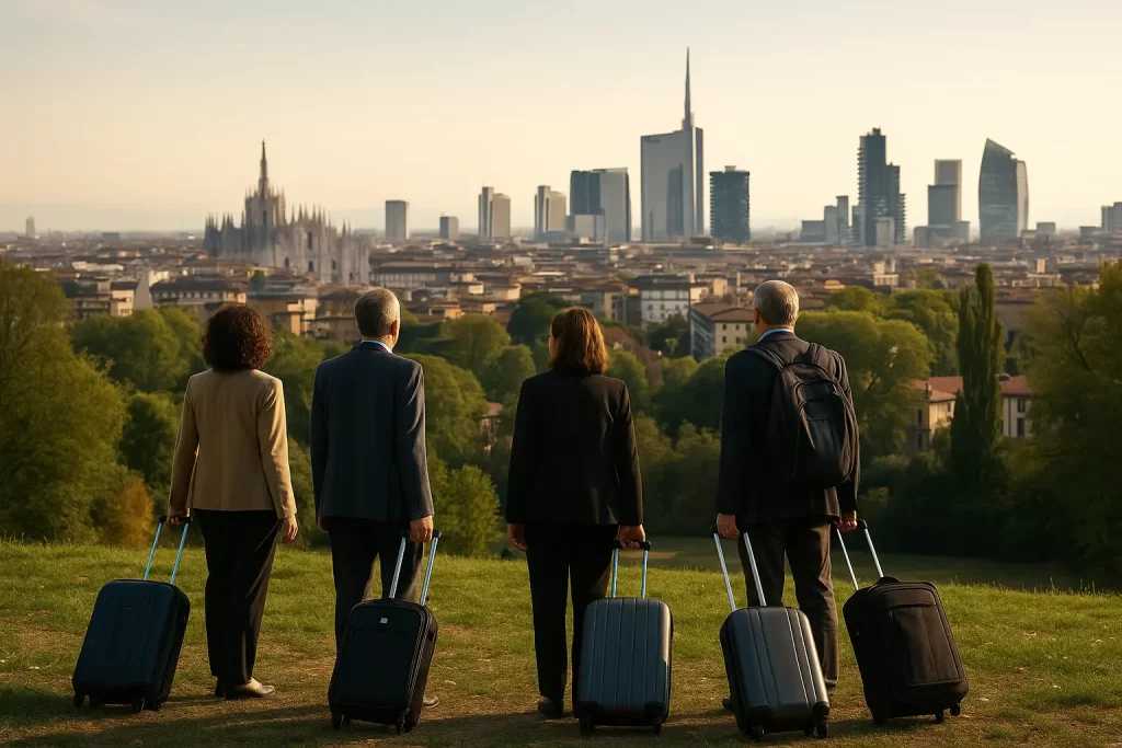 un gruppo di docenti con la valigia guarda Milano da sopra una collina
