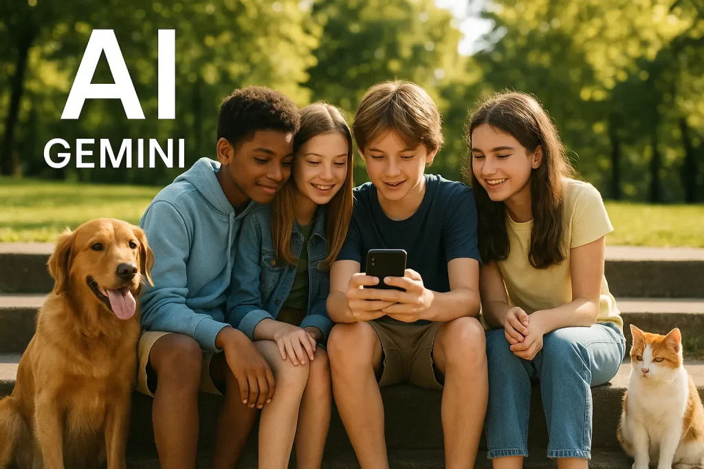 ragazzi minori di tredici anni in un parco consultano Gemini sul cellulare
