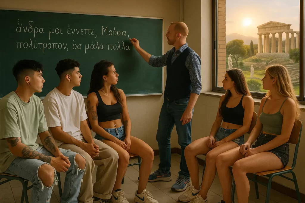 alcuni studenti in classe mentre il docente scrive un testo greco alla lavagna