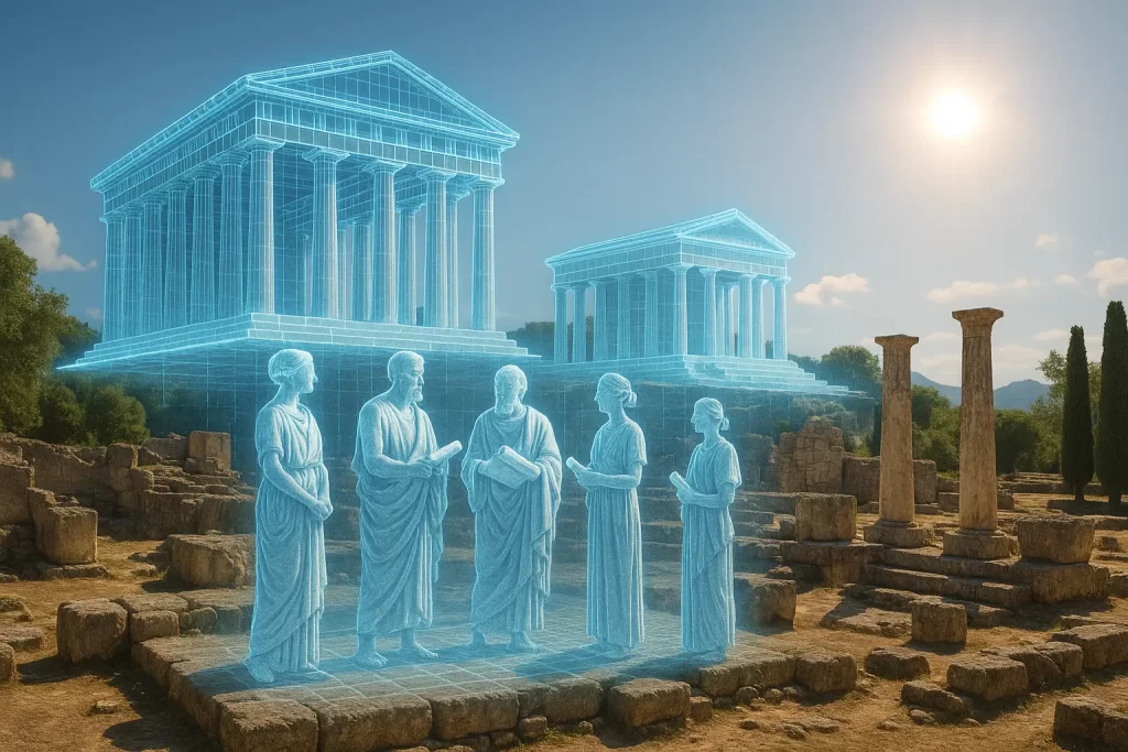 ologramma di alcuni templi e di personaggi greco-latini in mezzo ad alcune rovine antiche