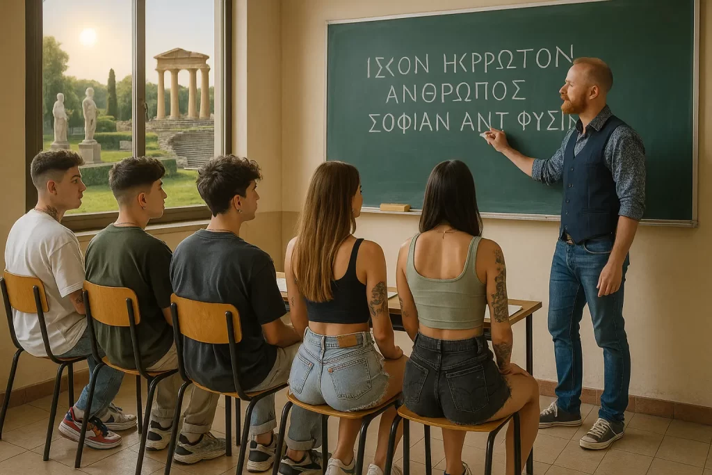 alcuni studenti in classe mentre il docente scrive un testo greco alla lavagna