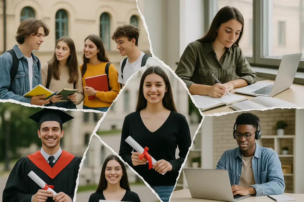 foto divisa in 5 parti con studenti diplomati, laureati e impegnati in corsi per l'acquisizione di competenze digitalil