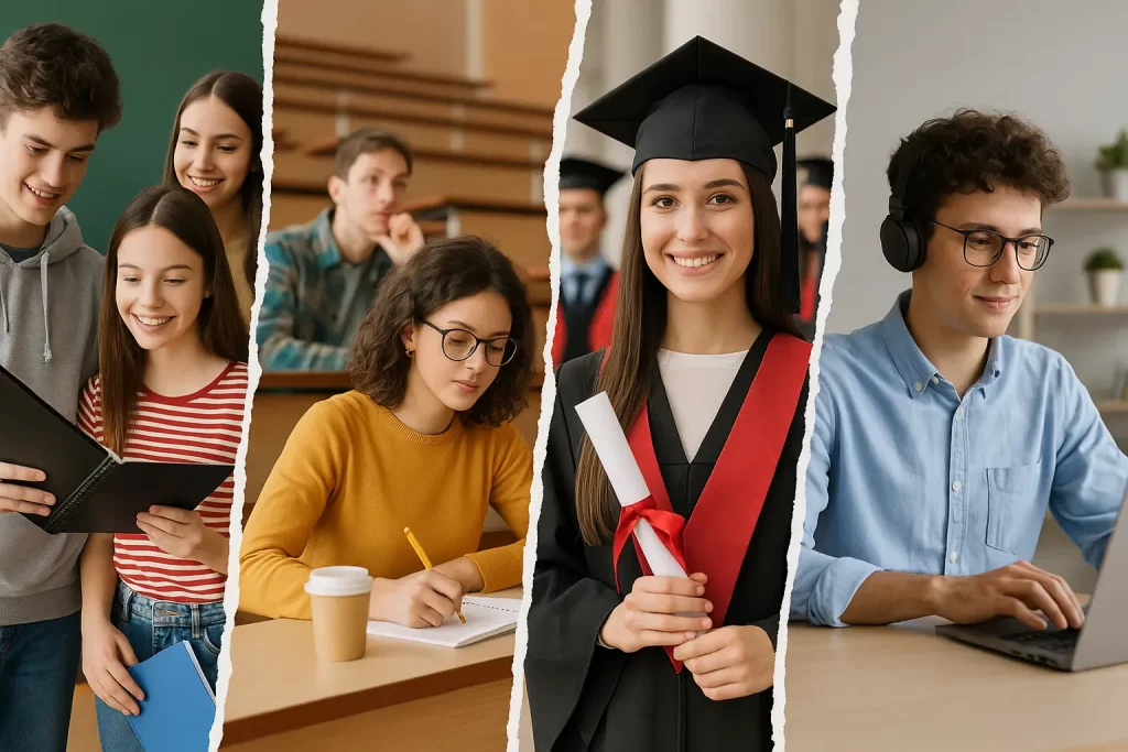 foto divisa in 4 parti con studenti diplomati, laureati e impegnati in corsi per l'acquisizione di competenze digitalil