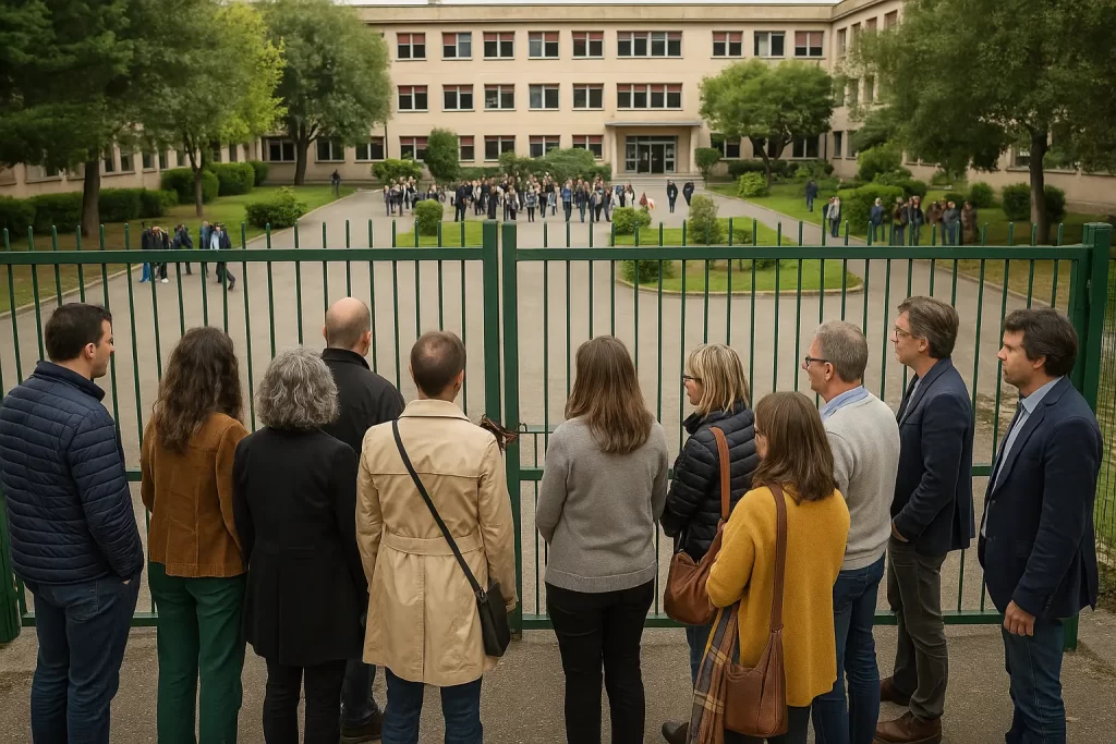 un gruppo di docenti chiuso fuori dai cancelli di una scuola