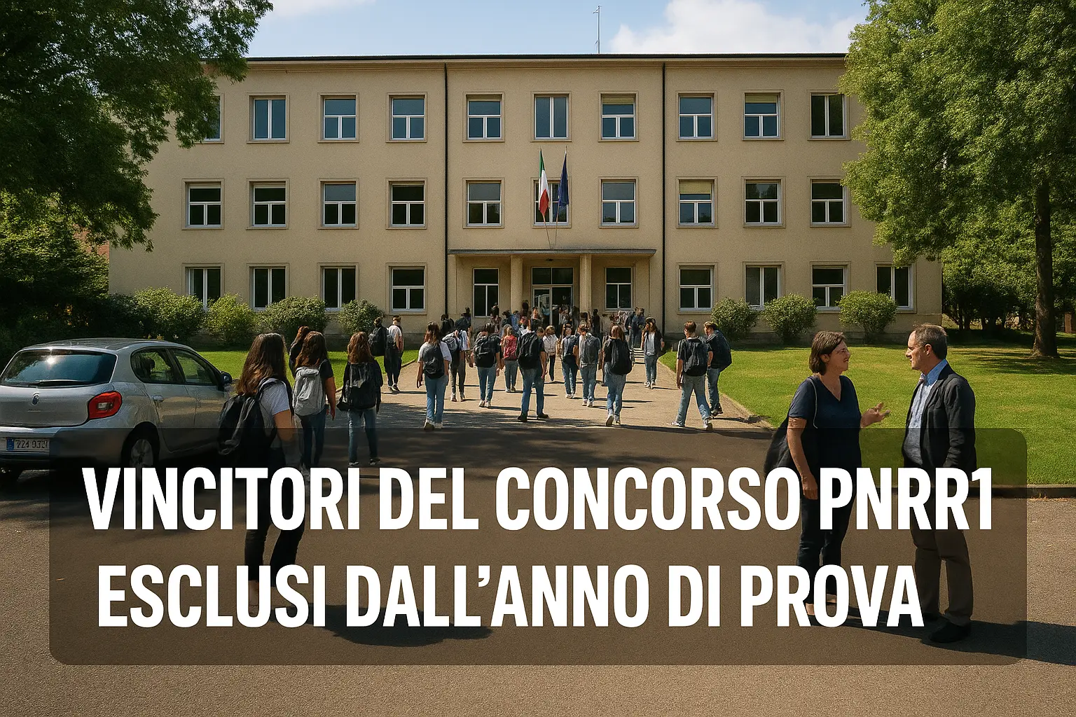 docenti e alunni nel cortile di un edificio scolastico e in primo piano la scritta "Vincitori del Concorso PNRR1 esclusi dall'anno di prova"