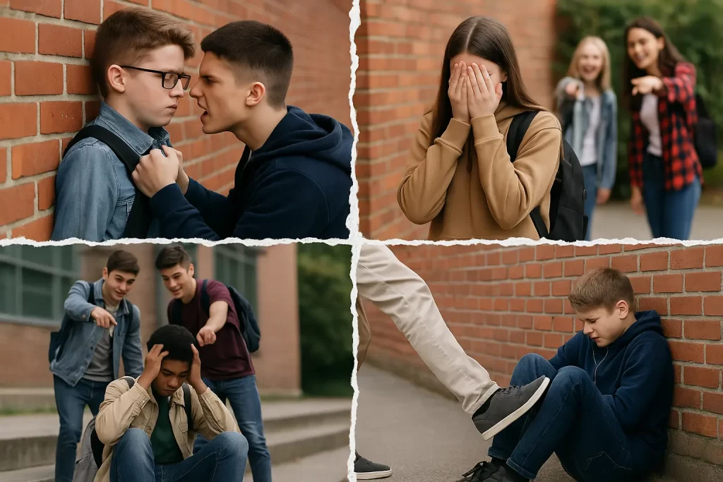 Immgine divisa in quattro parti, con episodi di bullismo