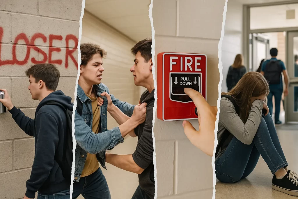 Atti di vandalismo (deturpamenti, imbrattamenti, danneggiamenti di muri), risse tra studenti e interruzioni di pubblico servizio, come l’attivazione dolosa di allarmi antincendio durante le lezioni.