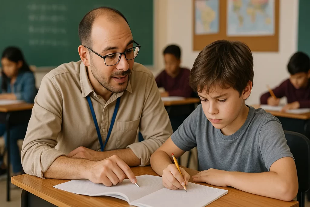docente di sostegno assiste alunno durante la lezione