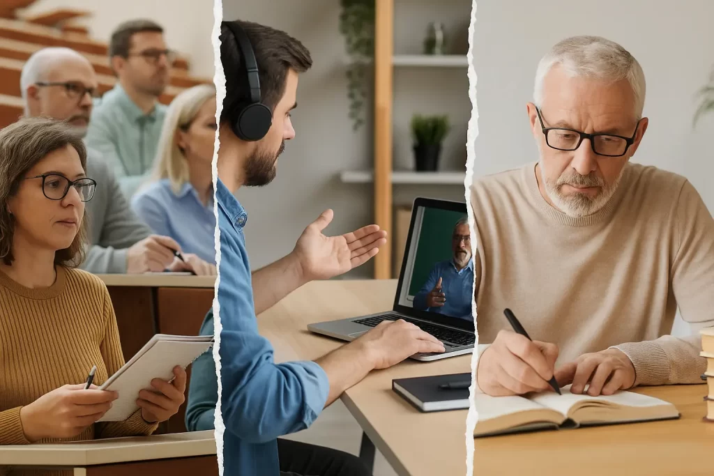Immagine divisa in tre: docenti durante il TFA, docente segue corso di formazione al pc; docente studia
