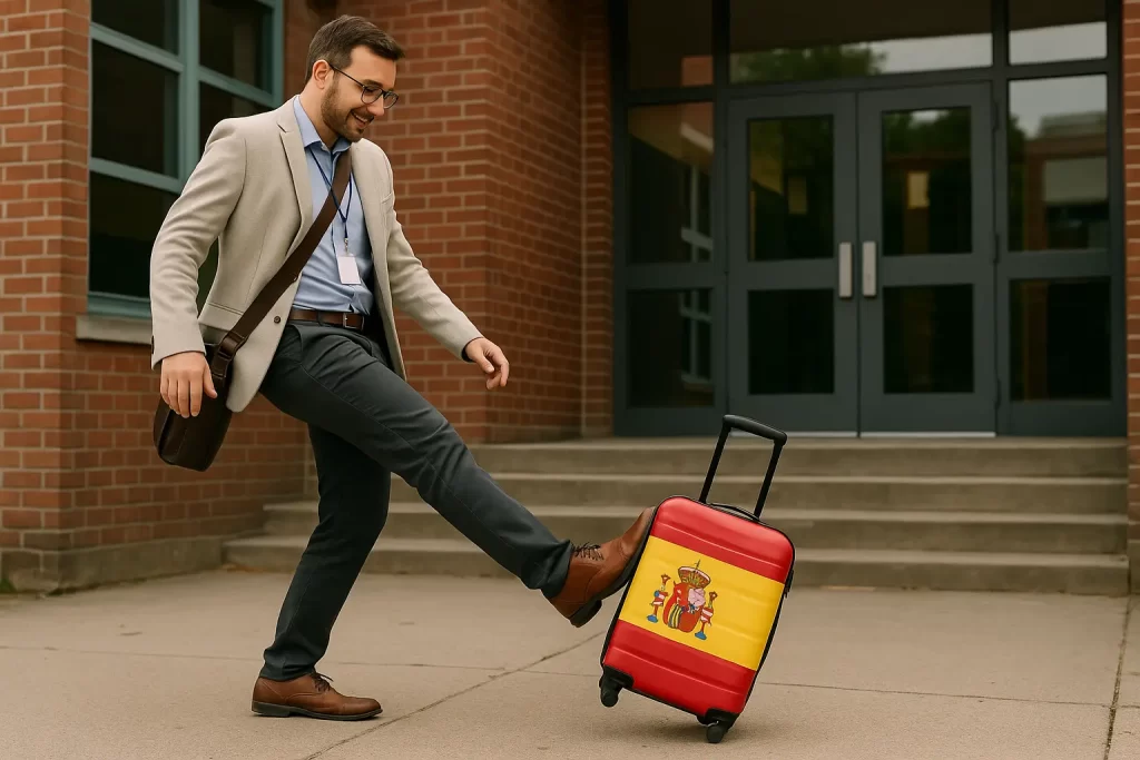 docente prende a calci una valigia con la bandiera spagnola prima di entrare a scuola