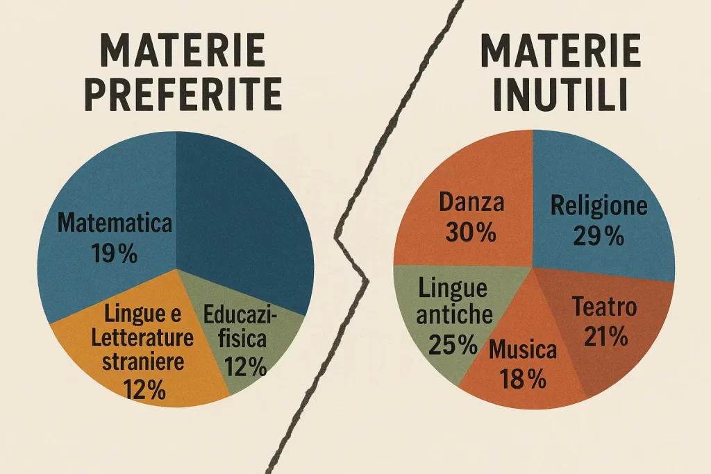 Schemi con i dati del Report GoStudent 2025 relativi alle materie preferite e a quelle ritenute inutili