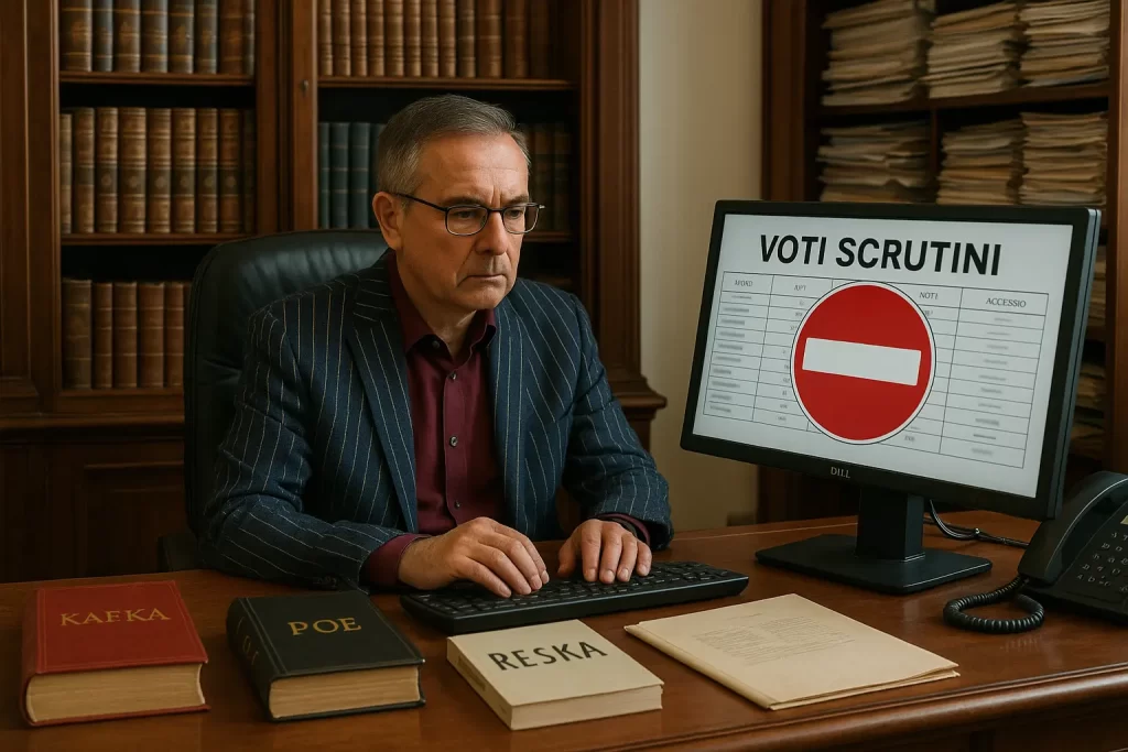 dirigente scolastica pubblica i voti degli scrutini online, e sullo schermo compare un segnale di divieto di accesso