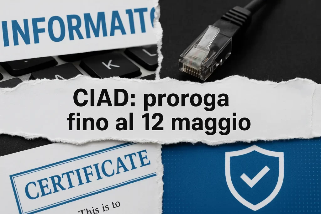 La scritta "CIAD: proroga fino al 12 maggio" ed elementi che richiamano la certificazione informatica