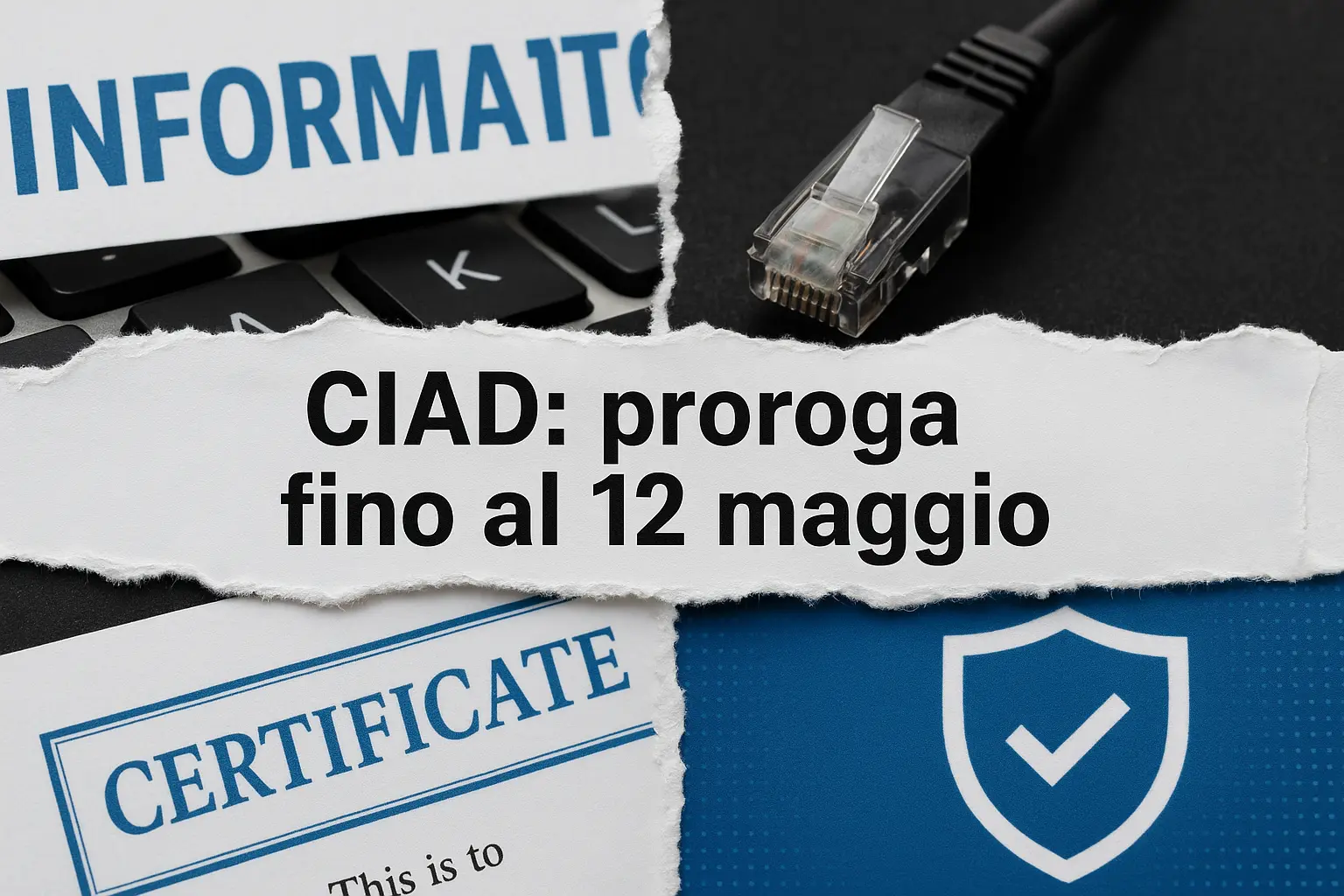 La scritta "CIAD: proroga fino al 12 maggio" ed elementi che richiamano la certificazione informatica