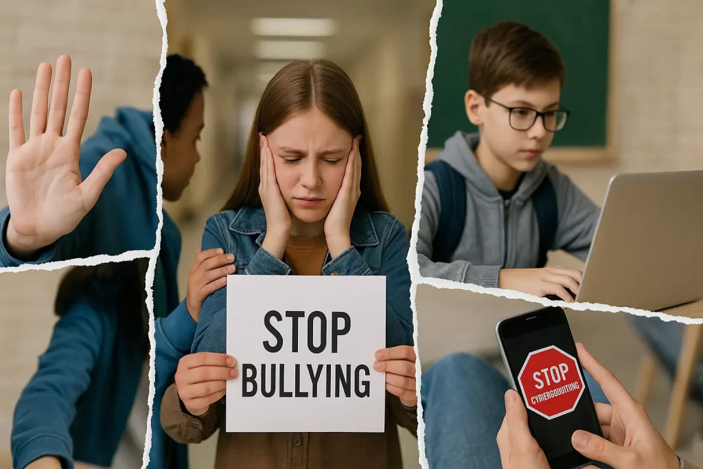 foto divisa in 5 parti che ritraggono alunni vittime di bullismo o cyberlullismo