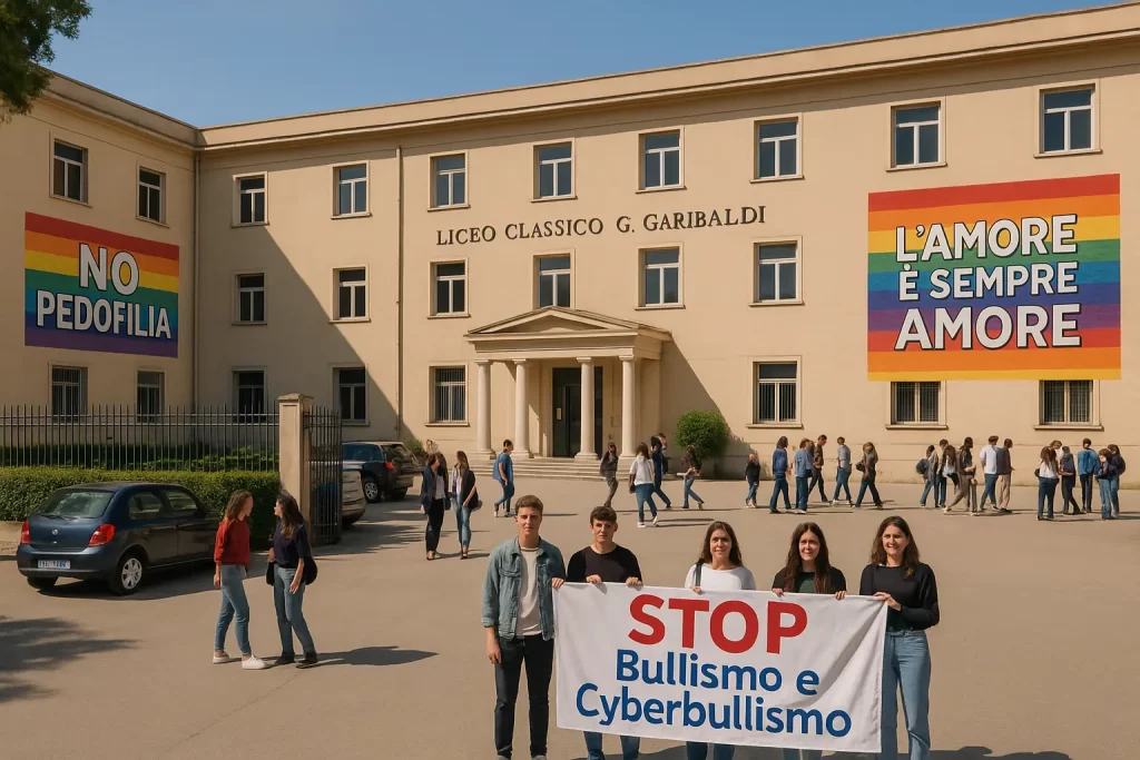 Su una facciata della scuola, in stile murales arcobaleno, la scritta "No Pedofilia". Su un'altra facciata invece la scritta in stile murales arcobaleno "L'amore è sempre amore".
Nel cortile infine un gruppo di studenti con uno striscione con la scritta "STOP Bullismo e Cyberbullismo".