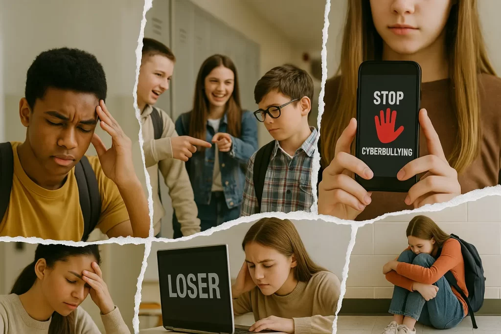 foto divisa in 5 parti che ritraggono alunni vittime di bullismo o cyberlullismo
