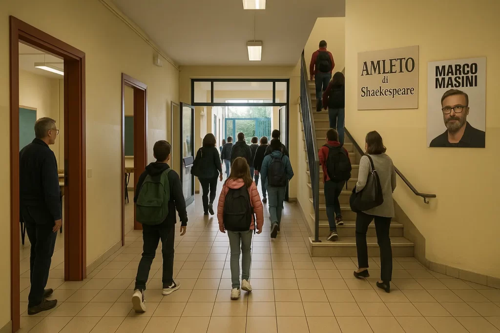 corridoio scolastico con alunni e docenti