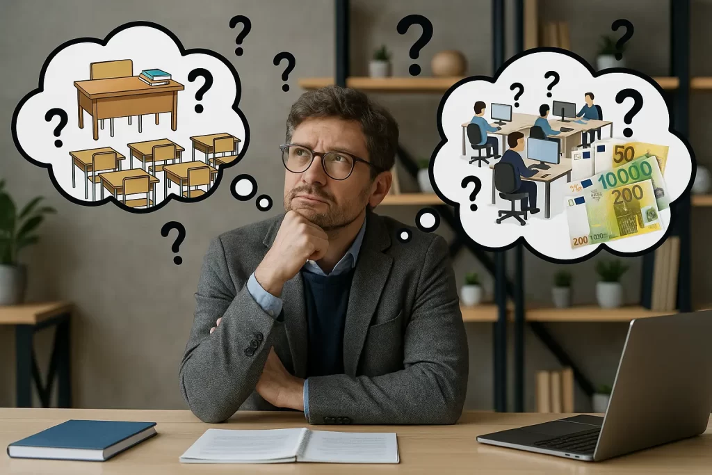 docente seduto alla propria scrivania con due nuvolette circondate da punti interrogativi: nella prima una classe scolastica, nell'altra un ufficio con in primo piano alcune banconote da 50, 100 e 200 euro.