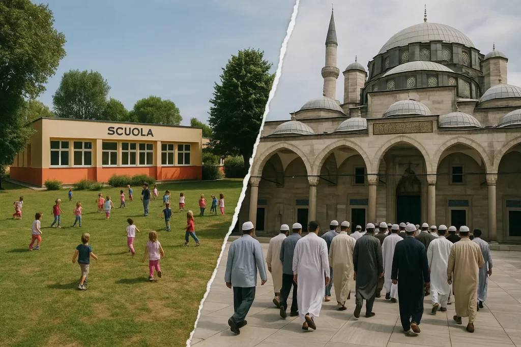 foto divisa a metà: da una parte piccoli alunni giocano nel cortile della scuola, nell'altra un gruppo di musulmani entra in moschea
