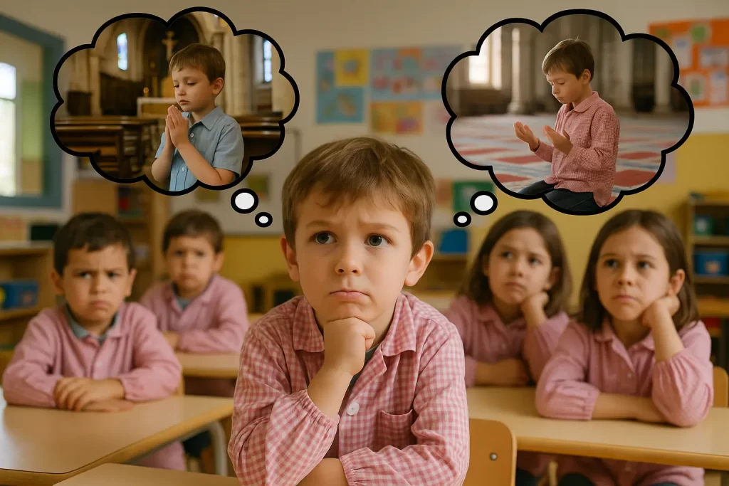 piccolo alunno in classe indeciso tra la preghiera in chiesa e quella in moschea