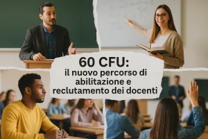 foto divisa in 4 parti irregolari in ognuna delle quali è ritratto un momento di un corso universitario. E in primo piano la scritta: "60 CFU: il nuovo percorso di abilitazione e reclutamento dei docenti"