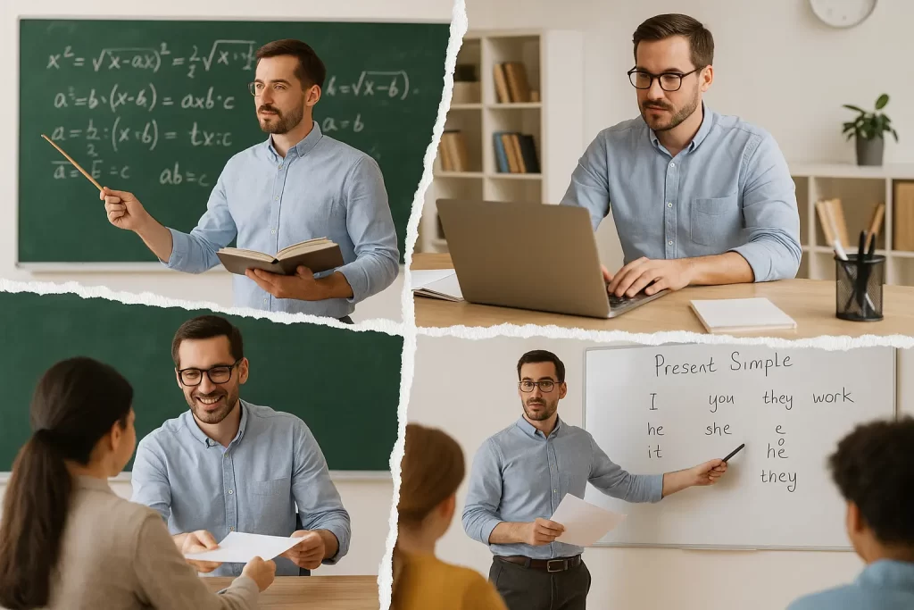 reale divisa in 4 parti irregolari in ognuna delle quali è ritratto un momento dell'attività lavorativa di un docente