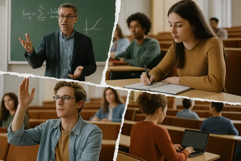 divisa in 4 parti irregolari in ognuna delle quali è ritratto un momento di un corso universitario