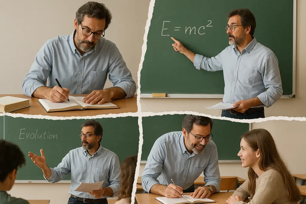 reale divisa in 4 parti irregolari in ognuna delle quali è ritratto un momento dell'attività lavorativa di un docente