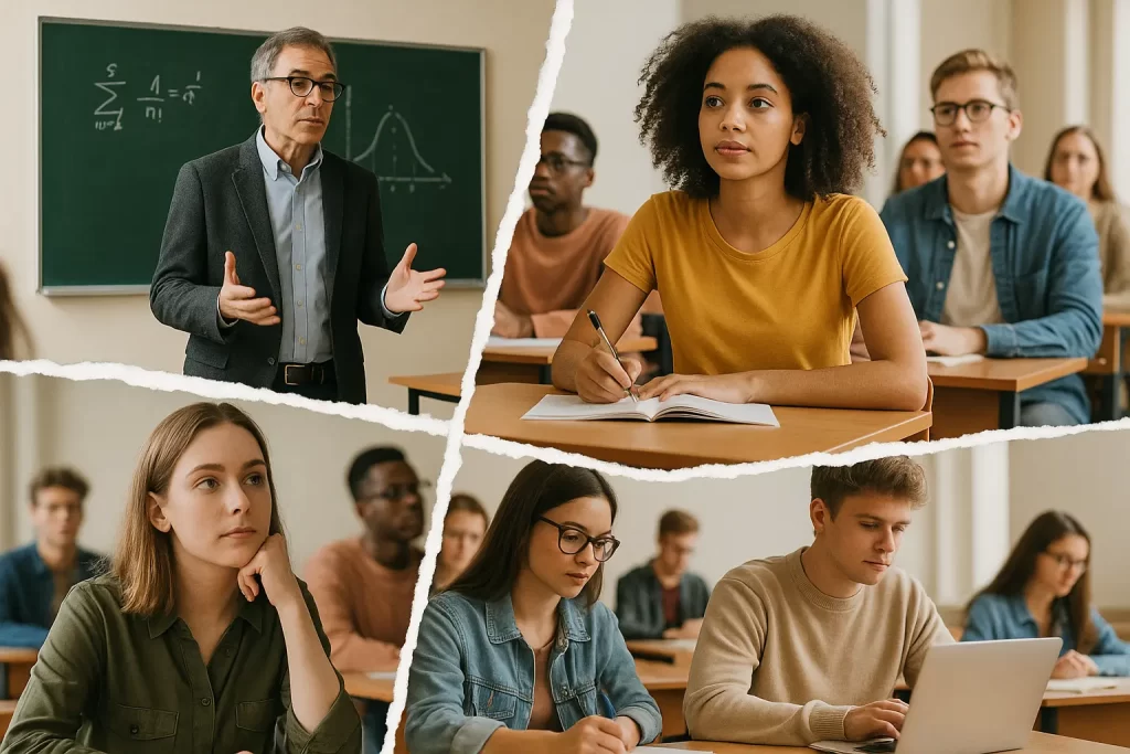 divisa in 4 parti irregolari in ognuna delle quali è ritratto un momento di un corso universitario