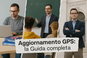 foto reale divisa in 3 parti irregolari con 3 diverse scene: un docente davanti al pc con sulla scrivania libri di inglese ed informatica; un docente in classe mentre spiega la lezione agli studenti; un docente davanti ad un liceo classico. E in primo piano la scritta "Aggiornamento GPS: la Guida completa"