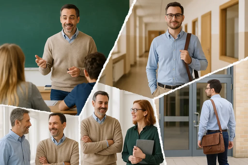 foto divisa in 5 parti con altrettanti momenti della vita professionale di un docente