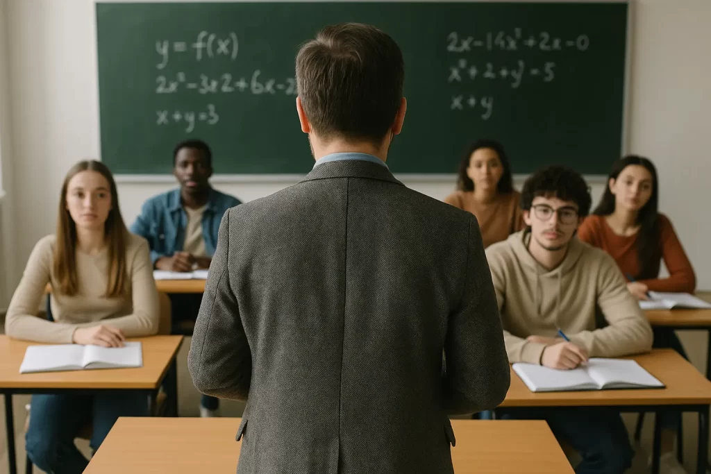 docente di spalle fa lezione in classe